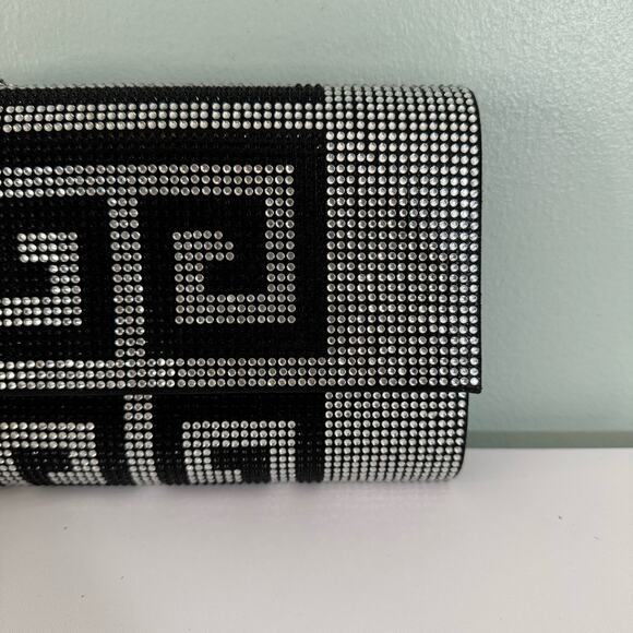 Greek Clutch Bag Rhinestone Embellished Black Silver Chain Purse Evening Party - Picture 2 of 12